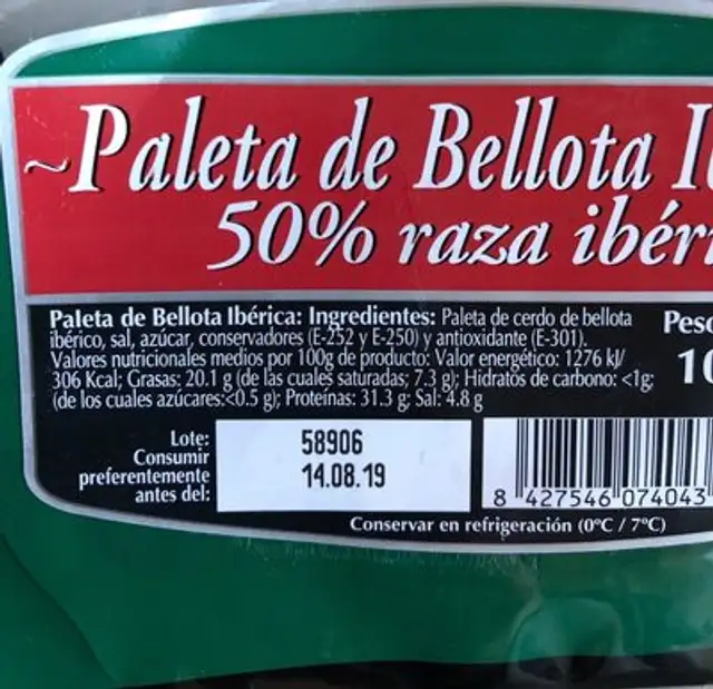 Azuaga Paleta Ibérica De Bellota ingredients label