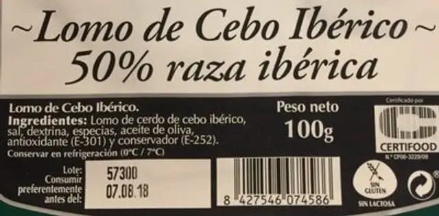Lomo de cebo iberico ingredients label