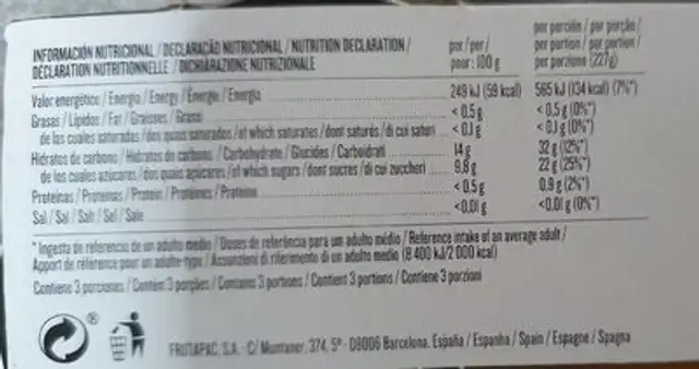 Piña en rodajas nutrition facts table
