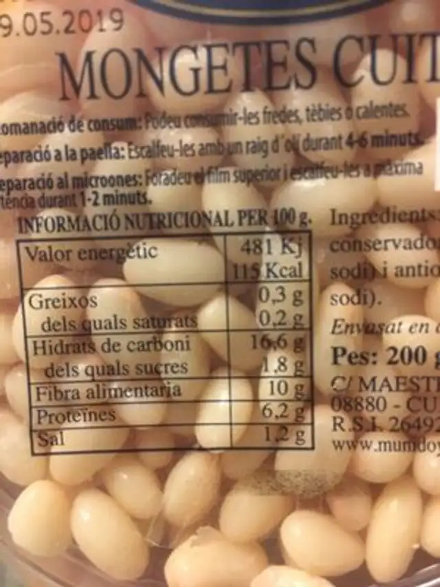Mongetes cuites nutrition facts table