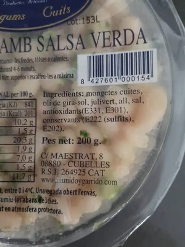 Judías michigan con salsa verde ingredients label