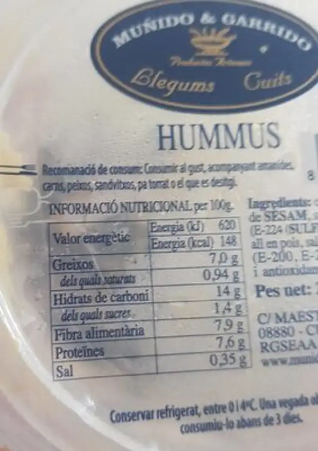 Hummus envase 200 g nutrition facts table