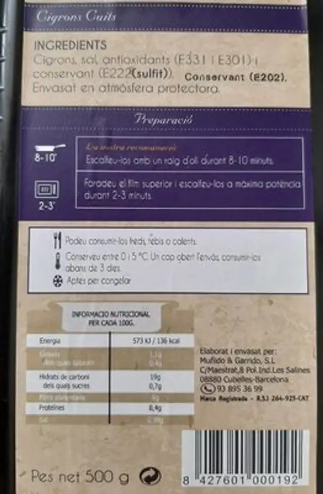 Garbanzos cocidos nutrition facts table