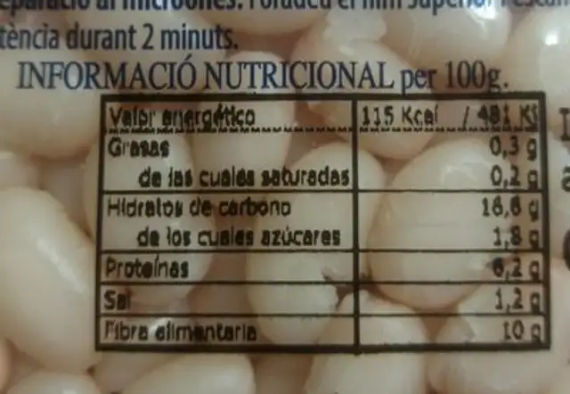 Judías michigan cocidas nutrition facts table