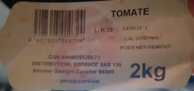 Tomates ingredients label