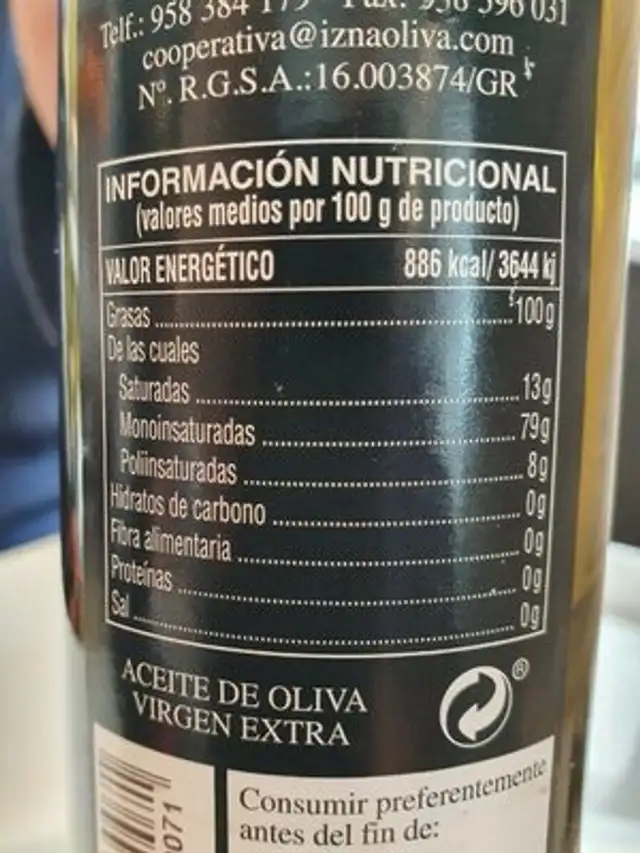 Aceite de Oliva Virgen Extra nutrition facts table