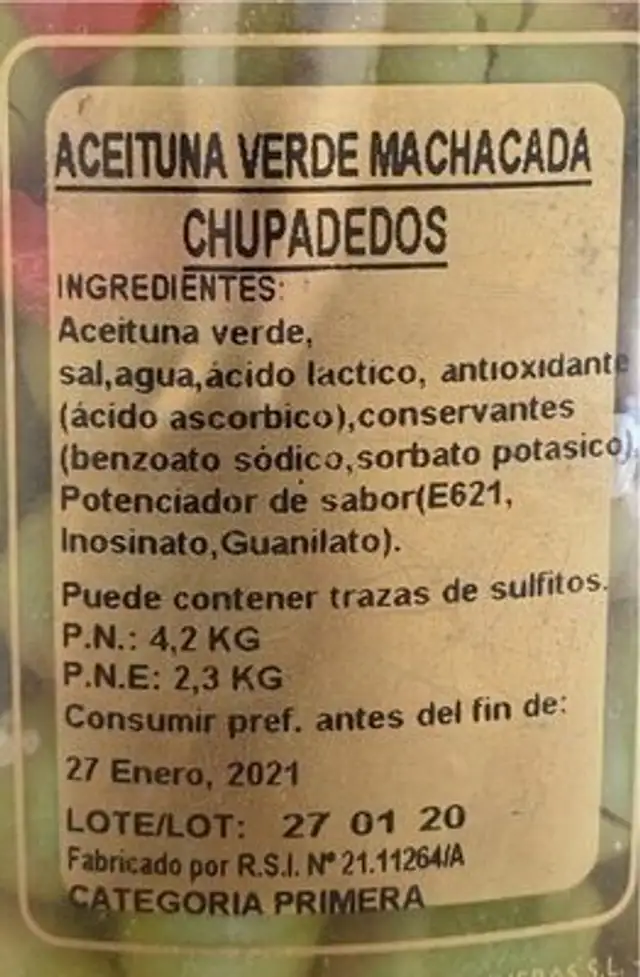 Olivas nutrition facts table