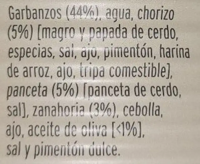 Cocido Madrileño ingredients label