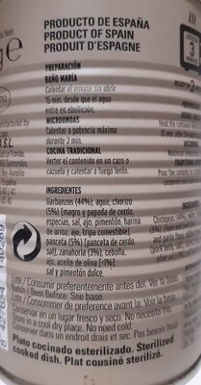 Cocido Madrileño nutrition facts table