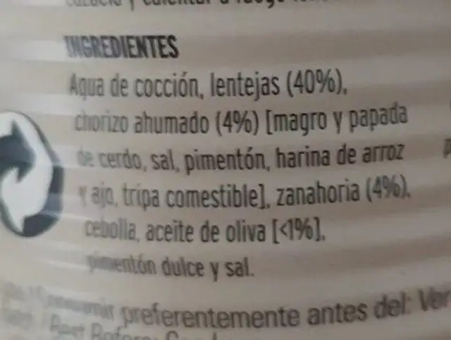 Lentejas con chorizo ingredients label