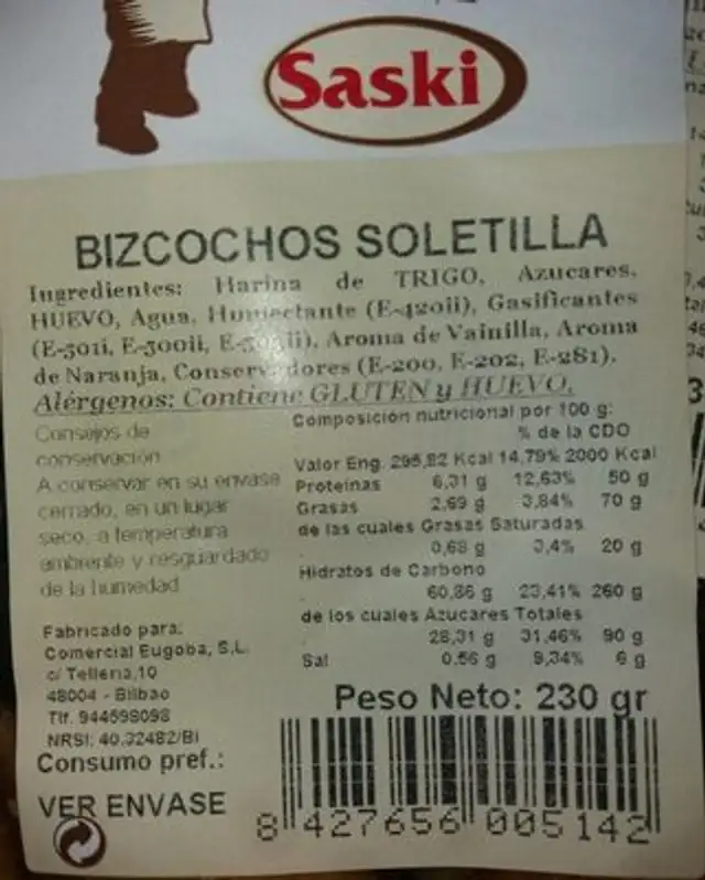Bizcochos Soletilla nutrition facts table