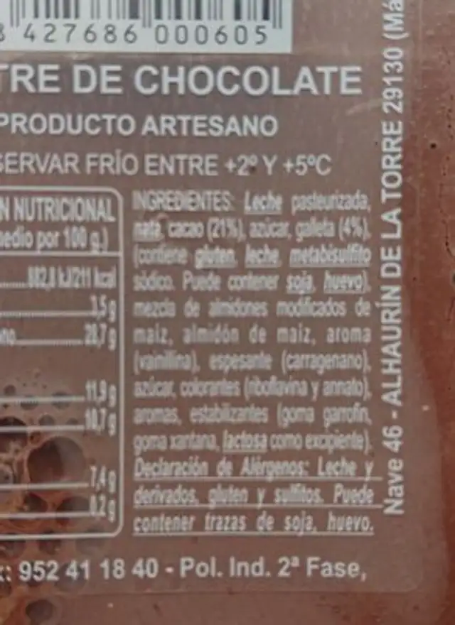 Postre de chocolate nutrition facts table