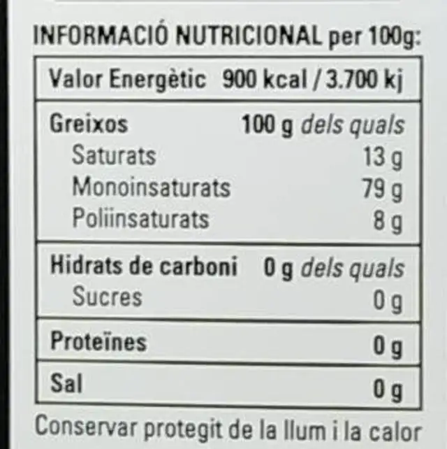 Oli oliva verge Rajoli D'Or nutrition facts table