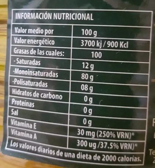 Aceite de oliva Virgen extra nutrition facts table