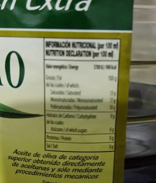 Aceite oliva virgen extra nutrition facts table