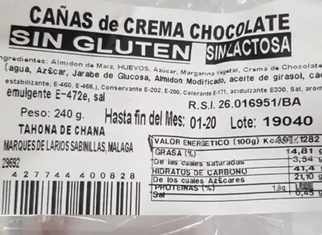 Caña crema chocolate sin gluten nutrition facts table