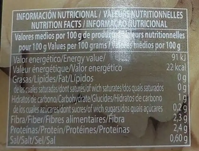 Champiñones laminados nutrition facts table
