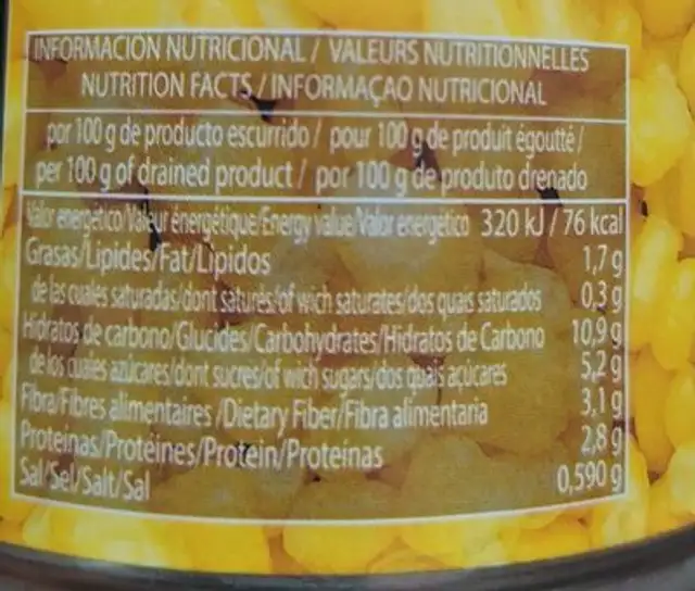 Maíz dulce nutrition facts table