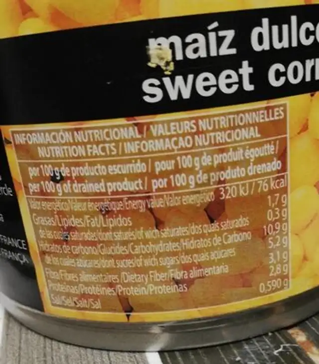Maiz nutrition facts table