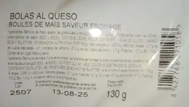 Bolitas de queso ingredients label