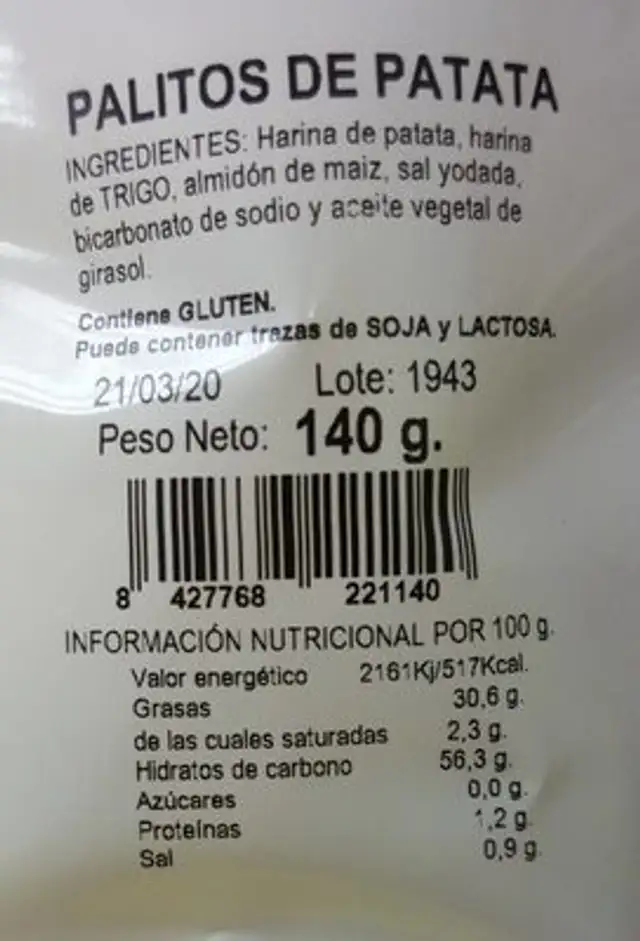Palitos de Patata nutrition facts table