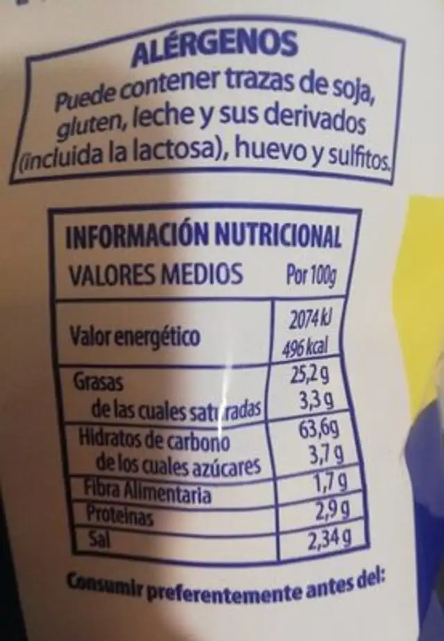 Barritas ketchup nutrition facts table