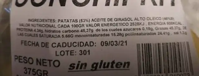 Patatas fritas Conchifrit nutrition facts table