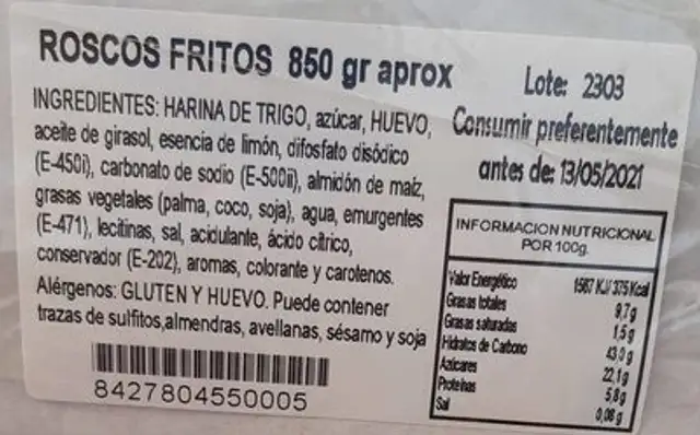 Roscos fritos nutrition facts table