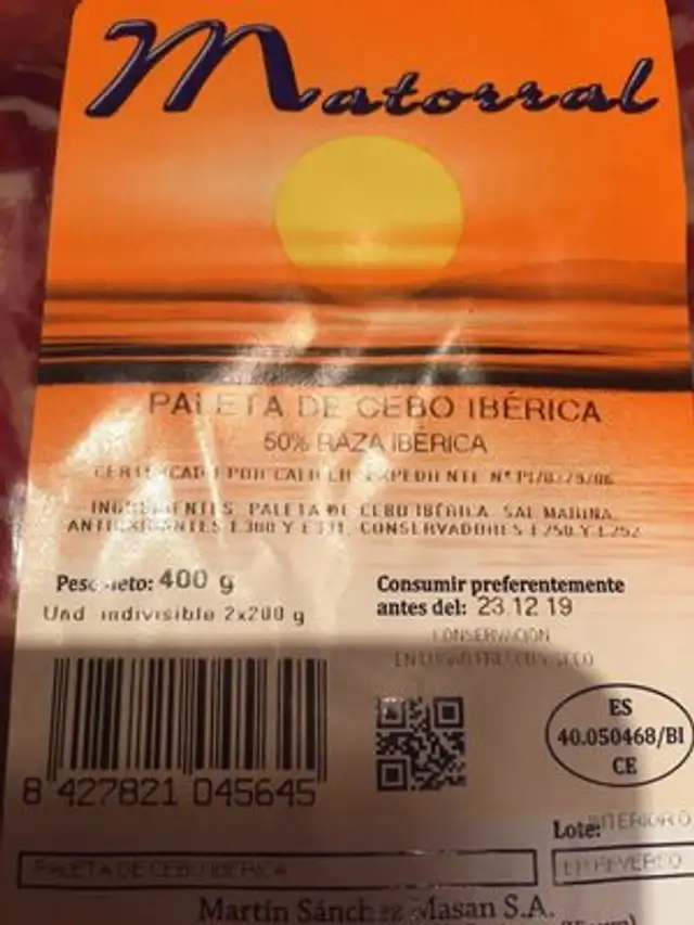 Paleta de cerdo iberica ingredients label