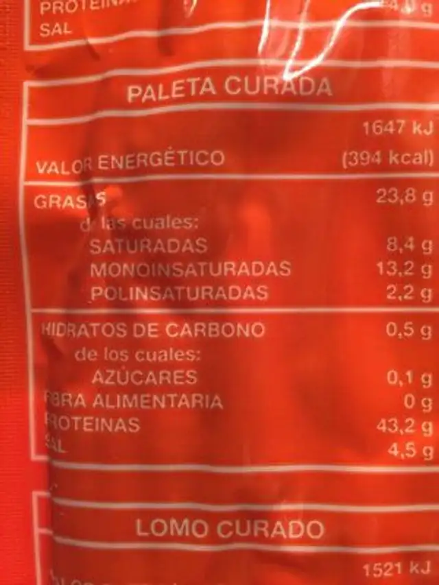 Paleta de cerdo iberica nutrition facts table