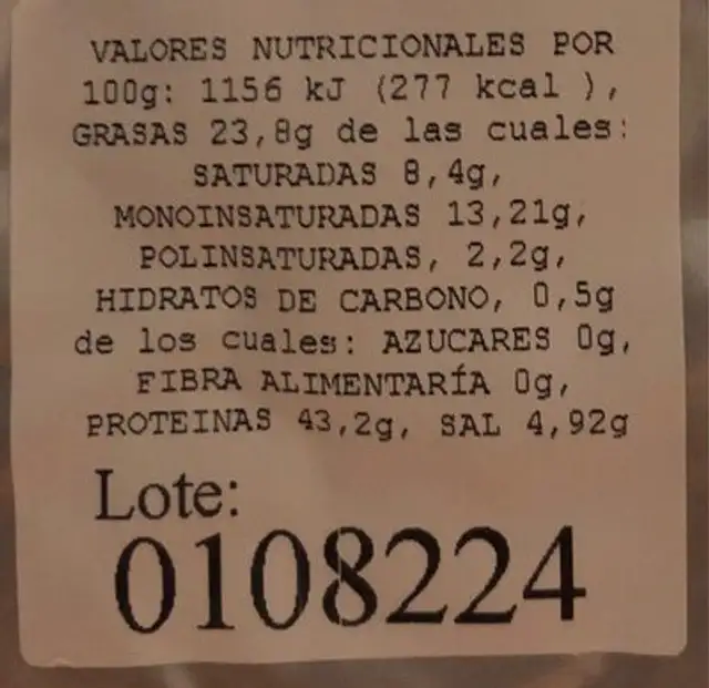 Virutas curadas nutrition facts table