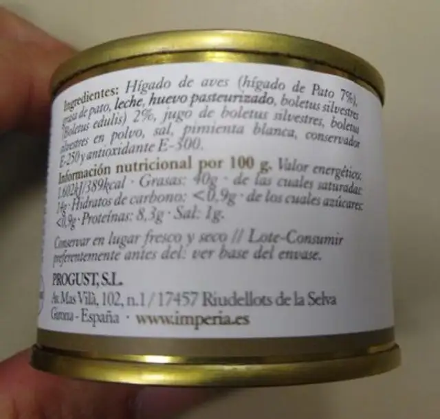 Paté de pato con boletus nutrition facts table