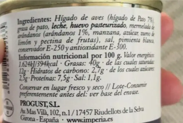 PATÉ DE PATO CON ARÁNDANOS nutrition facts table