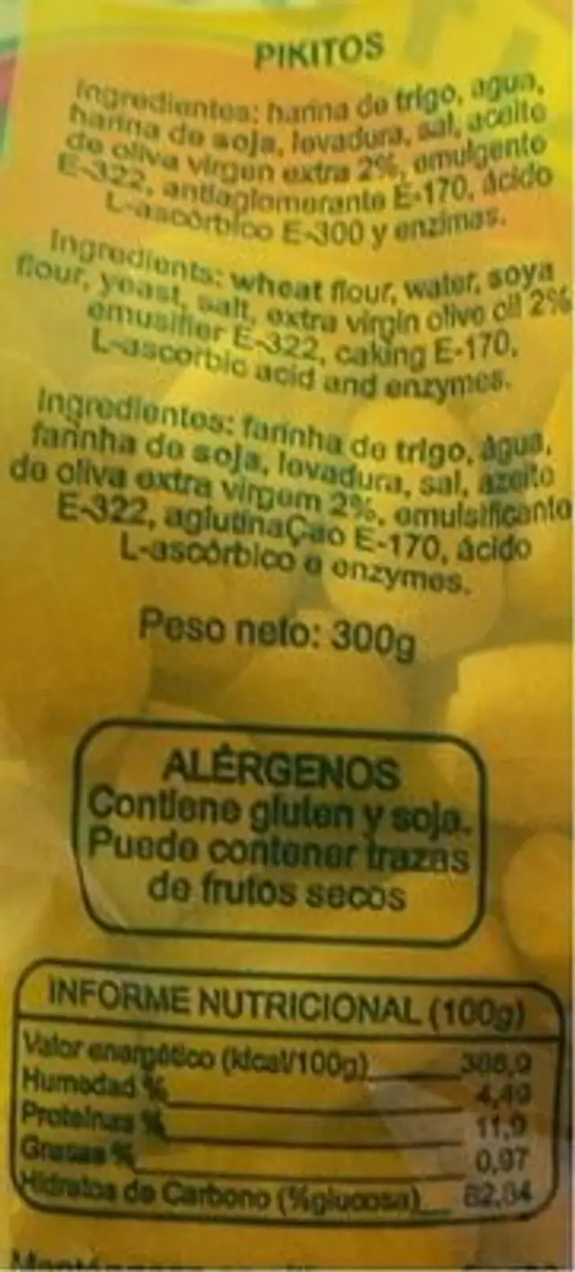 Pikitos nutrition facts table