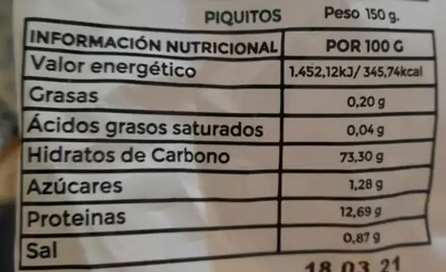 Picos nutrition facts table