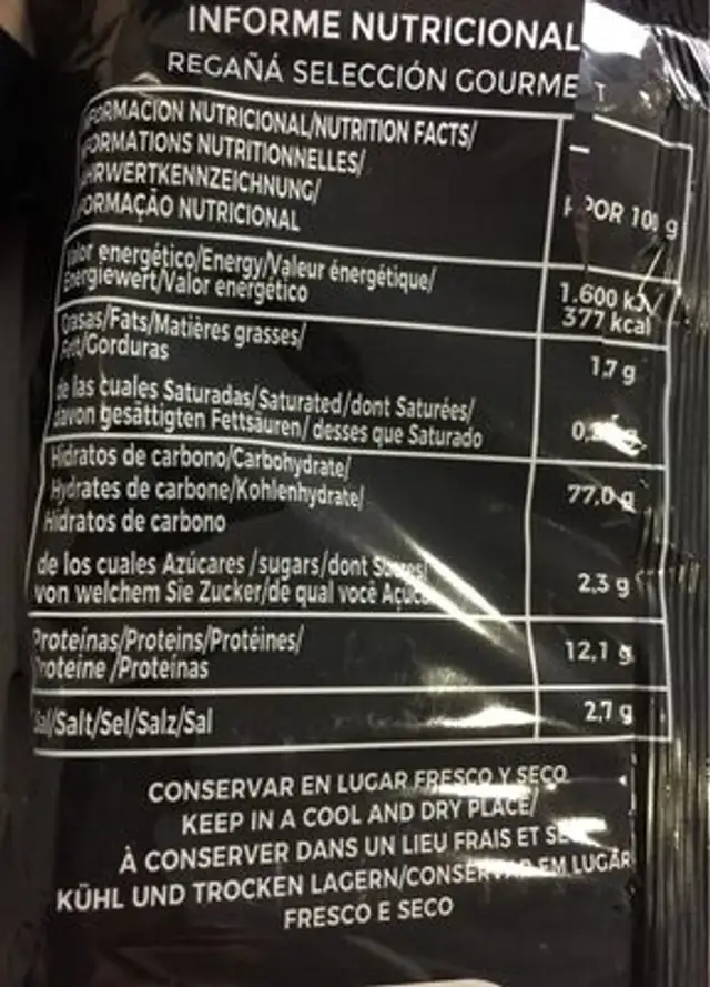 Regaña nutrition facts table