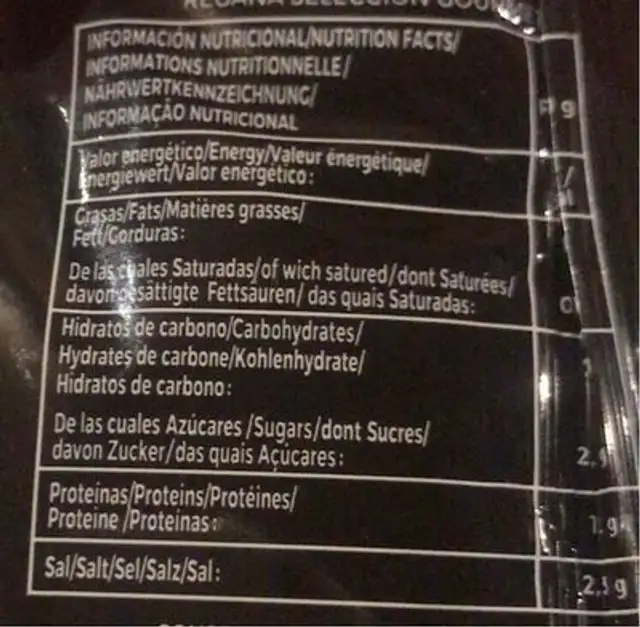 Regañá nutrition facts table