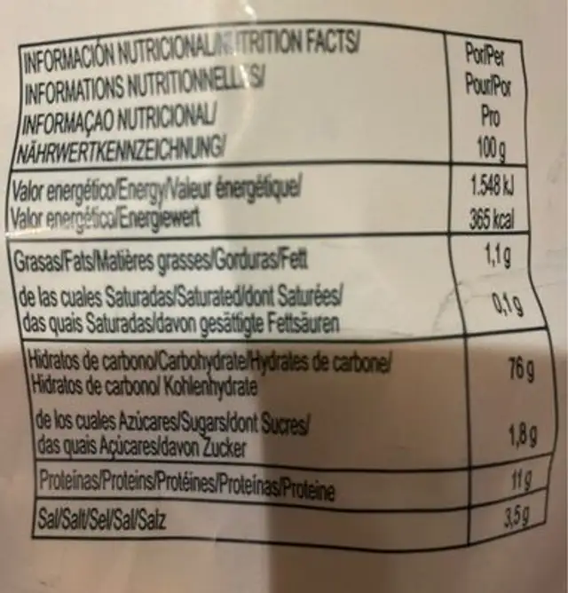 Panaderia artesanal nutrition facts table