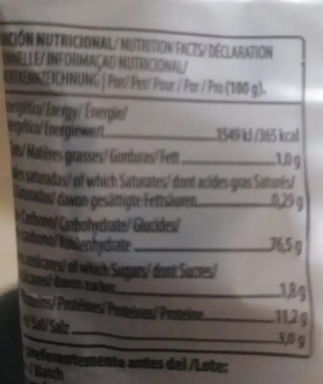 Picos utreranos nutrition facts table