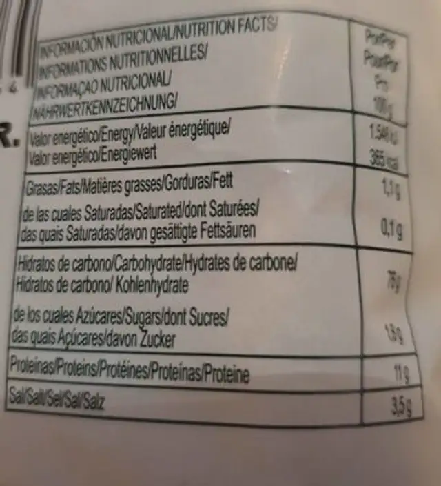 Picos de pan Obando nutrition facts table