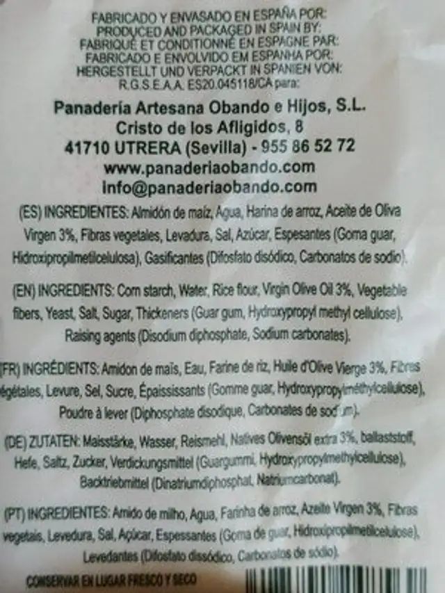 Picos sin gluten ingredients label