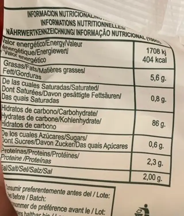 Picos sin gluten nutrition facts table