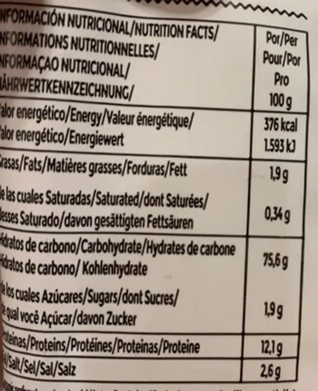 Mini regañas nutrition facts table