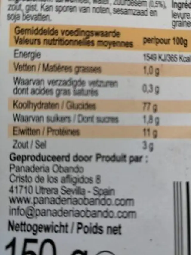 Picos artesanos nutrition facts table