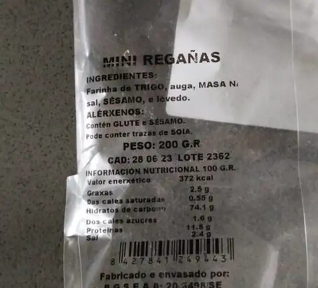 Regañas nutrition facts table