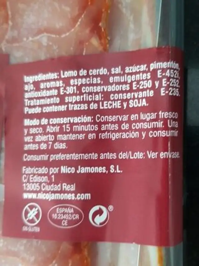 Lomo embuchado ingredients label