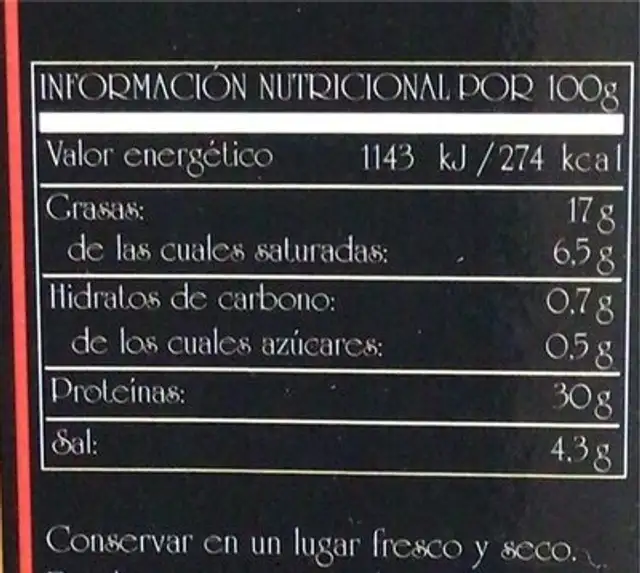 Veta Negra nutrition facts table