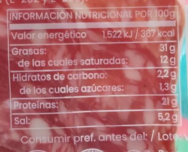 Salchichón extra nutrition facts table
