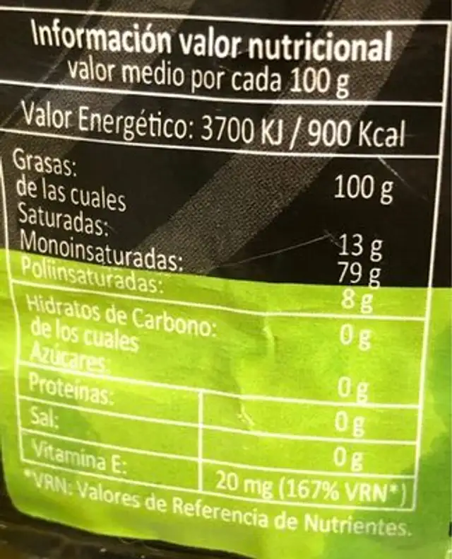 Aceite de Oliva Virgen Extra nutrition facts table