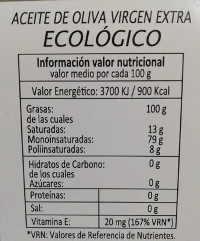 Aceite de oliva virgen extra ecológico nutrition facts table